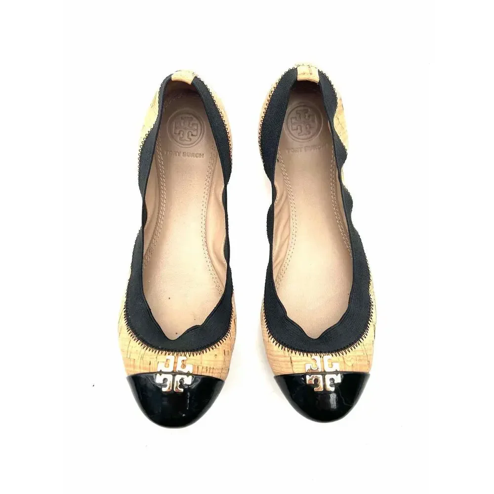Tory Burch Size 6 Brown/Black Trim Cork Designer Flats